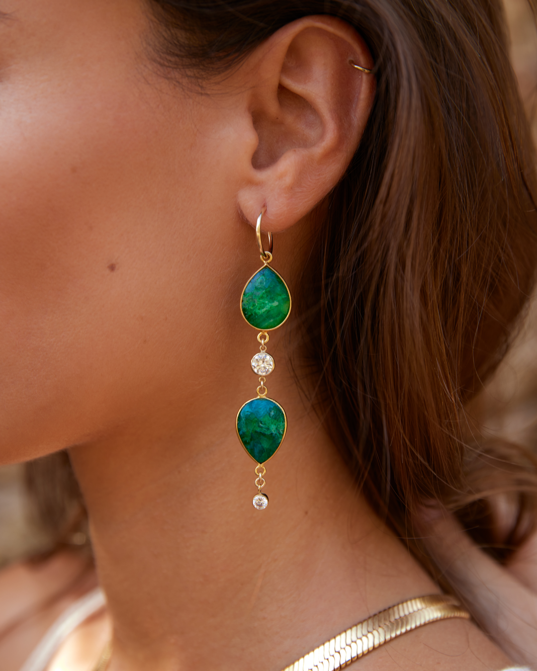 Boucles D'oreilles Double Zircons Avec Chaînes - Acier Inoxydable - Neuves Avec étiquettes - Livraison 48h